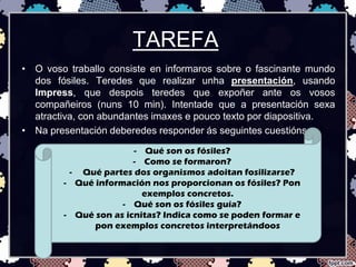 TAREFA
• O voso traballo consiste en informaros sobre o fascinante mundo
  dos fósiles. Teredes que realizar unha presentación, usando
  Impress, que despois teredes que expoñer ante os vosos
  compañeiros (nuns 10 min). Intentade que a presentación sexa
  atractiva, con abundantes imaxes e pouco texto por diapositiva.
• Na presentación deberedes responder ás seguintes cuestións:

                       - Qué son os fósiles?
                       - Como se formaron?
         - Qué partes dos organismos adoitan fosilizarse?
        - Qué información nos proporcionan os fósiles? Pon
                         exemplos concretos.
                    - Qué son os fósiles guía?
        - Qué son as icnitas? Indica como se poden formar e
              pon exemplos concretos interpretándoos
 