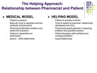The Helping Approach:
Relationship between Pharmacist and Patient
 MEDICAL MODEL
 Patient is passive
 Basis for trust is expertise and the
authority of pharmacist
 Pharmacist identifies problem and
determine solutions
 Patient is dependent on
pharmacist
 parent – child relationship
 HELPING MODEL
 Patient is actively involved
 Trust is based on personal relationship
developed over time
 Pharmacist assist patients in exposing
problem and possible solution
 Patient develops self confidence to
manage problems
 equal relationship
 