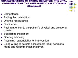  Competence
 Putting the patient first
 Offering reassurance
 Confidence
 Paying attention to the patient’s physical and emotional
comfort
 Supporting the patient
 Offering advocacy
 Assuming responsibility for intervention
 Being willing to be held accountable for all decisions
made and recommendations given.
CHARACTERISTICS OF CARING BEHAVIOR: THE VITAL
COMPONENTS OF THE THERAPEUTIC RELATIONSHIP
(Continued)
 