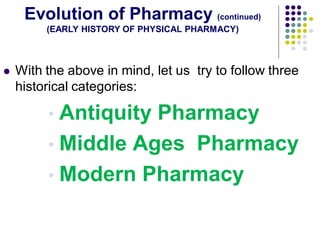  With the above in mind, let us try to follow three
historical categories:
• Antiquity Pharmacy
• Middle Ages Pharmacy
• Modern Pharmacy
Evolution of Pharmacy (continued)
(EARLY HISTORY OF PHYSICAL PHARMACY)
 