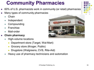 © Paradigm Publishing, Inc. 63
Community Pharmacies
 60% of U.S. pharmacists work in community (or retail) pharmacies
 Many types of community pharmacies
 Chain
 Independent
 Compounding
 Franchise
 Mail-order
 Chain pharmacy
 High-volume locations
 Department store (Target, Wal-Mart)
 Grocery store (Kroger, Publix)
 Drugstore (Walgreens, CVS, Rite-Aid)
 Heavy use of pharmacy technicians and automation
 