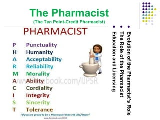 EvolutionofthePharmacist’sRole
TheRoleofthePharmacist
EducationandLicensing
The Pharmacist
(The Ten Point-Credit Pharmacist)
 