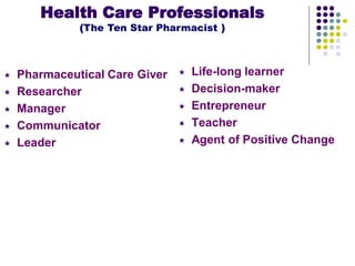  Pharmaceutical Care Giver
 Researcher
 Manager
 Communicator
 Leader
 Life-long learner
 Decision-maker
 Entrepreneur
 Teacher
 Agent of Positive Change
Health Care Professionals
(The Ten Star Pharmacist )
 