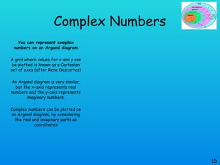 Complex Numbers
You can represent complex
numbers on an Argand diagram
A grid where values for x and y can
be plotted is known as a Cartesian
set of axes (after Rene Descartes)
An Argand diagram is very similar,
but the x-axis represents real
numbers and the y-axis represents
imaginary numbers.
Complex numbers can be plotted on
an Argand diagram, by considering
the real and imaginary parts as
coordinates
1D
 