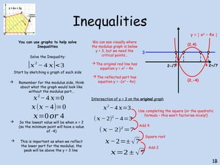 Inequalities
You can use graphs to help solve
Inequalities
Solve the Inequality:
Start by sketching a graph of each side
 Remember for the modulus side, think
about what the graph would look like
without the modulus part…
 So the lowest value will be when x = 2
(so the minimum point will have a value
of -4)
 This is important as when we reflect
the lower part for the modulus, the
peak will be above the y = 3 line
1B
|𝑥
2
− 4 𝑥|<3
3
y = x
│ 2
– 4x│
𝑥2
−4 𝑥=0
𝑥(𝑥 − 4)=0
𝑥=0𝑜𝑟 4
We can see visually where
the modulus graph is below
y = 3, but we need the
critical points…
The original red line has
equation y = x2
– 4x
The reflected part has
equation y = -(x2
– 4x)
𝑥2
−4 𝑥=3
(𝑥− 2)2
− 4=3
(𝑥 − 2)2
=7
𝑥−2=± √7
𝑥=2 ± √7
Use completing the square (or the quadratic
formula – this won’t factorise nicely!)
Add 4
Square root
Add 2
2-√7 2+√7
0 4
(2,-4)
(2,4)
Intersection of y = 3 on the original graph
 