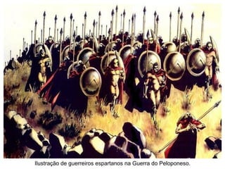Ilustração de guerreiros espartanos na Guerra do Peloponeso. 