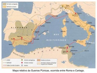 Mapa relativo às Guerras Púnicas, ocorrida entre Roma e Cartago. 