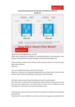 Frequently Asked Question of Smart Glass Film(PDLC Film, SPD Film)
By Peter Lin
-What do you call smart glass film in our life?
+Many names. Magic Glass and Magic Film, switchable glass/film, miracle glass/film, smart
window, smart glass,PDLF FILM, glass, PDLC glass, and privacy window (glass), etc.
-Will Smart Glass or Smart Film be harmful to other electronic devices or the human body?
Need to avoid children?
+Not at all.
-Can I try to modify Smart Glass or Smart Film by myself?
+Better not. Unless you are trained and experienced for this. Smart Glass or Smart Film are
sensitive inside, and wrong modifications could lead to smart film broken.
-Will I get an electric shock if I touch Smart Glass or Smart Film without glove?
+No. Smart Glass or Smart Film are insulated very well and will not injury you if you touch
them with your naked hand. If the Smart Glass or Smart Film are installed and used
according to our instructions, the smart film/smart glass is safe.
-How long does it take Smart Glass or Smart Film to switch from transparent to frosted white
and vice verse?
+Very short time. About 1/100th of a second to switch from transparent to frosted white. So
 