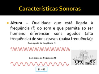 Altura – Qualidade que está ligada à frequência (f) do som e que permite ao ser humano diferenciar sons agudos (alta frequência) de sons graves (baixa frequência);  