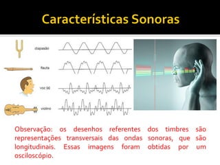Observação: os desenhos referentes dos timbres são representações transversais das ondas sonoras, que são longitudinais. Essas imagens foram obtidas por um osciloscópio.  
