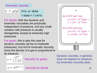Kinematic viscosity

              m2/s or stoke
              1 stoke = 1 cm2/s
For liquids, both the dynamic and
kinematic viscosities are practically
independent of pressure, and any small
variation with pressure is usually
disregarded, except at extremely high
pressures.
For gases, this is also the case for
dynamic viscosity (at low to moderate
pressures), but not for kinematic viscosity
since the density of a gas is proportional to
its pressure.
                                                Dynamic viscosity, in general,
                 Viscosity for gases:           does not depend on pressure,
                                                but kinematic viscosity does.

                  Viscosity for liquids                                    22
 