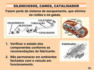 SILENCIOSOS, CANOS, CATALISADOR Fazem parte do sistema de escapamento, que elimina os ruídos e os gases.   Verificar o estado dos componentes conforme as recomendações do fabricante. Não permanecer em ambientes fechados com o veículo em funcionamento. Catalisador 