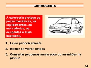 CARROCERIA Lavar periodicamente Manter os vidros limpos Consertar pequenos amassados ou arranhões na pintura A carroceria protege as peças mecânicas, os equipamentos, as mercadorias, os ocupantes e suas bagagens. 