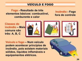 VEÍCULO E FOGO Fogo  - Resultado de três elementos básicos: combustível, comburente e calor   Incêndio  - Fogo fora de controle   Classes de incêndio  – Mais comuns são três: A, B, C   Veículo e fogo  – Num veículo podem acontecer princípios de incêndio, pois existem materiais sólidos, líquidos inflamáveis e equipamentos elétricos.   