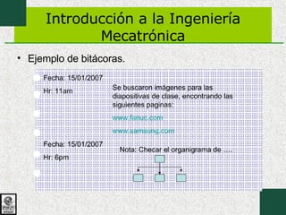 Introducción a la Ingeniería Mecatrónica Ejemplo de bitácoras. Fecha: 15/01/2007 Hr: 11am Se buscaron imágenes para las diapositivas de clase, encontrando las siguientes paginas: www.fanuc.com www.samsung.com Fecha: 15/01/2007 Hr: 6pm Nota: Checar el organigrama de …. 