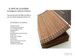 EL ARTE DE LA GUERRA Estratégicas y tácticas militares Está dividido en 13 capítulos: Aproximaciones La dirección de la guerra La estrategia ofensiva Disposiciones Energía Puntos débiles y puntos fuertes Maniobra Las nueve variables Marchas El terreno Las nueve clases de terreno Ataque de fuego Sobre el uso de espías Fue escrito entre los 400 y los 320 a.c. por uno de los discípulos de Sun Tzu  Fundamentos de  Estrategia - 2010  