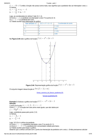 05/03/2015 Funções ­ parte 1
http://ava.utfpr.edu.br/mod/book/tool/print/index.php?id=3399 51/70
, então a função não possui zeros reais, isso significa que a parábola não vai interceptar o eixo  .
ii) Vértice: 
Logo, as coordenadas do vértice V são V(­1, 4). 
iii) Como  , a parábola vai interceptar o eixo   no ponto (0, 5)
iv)   a parábola tem CVC.
iv) Tabela auxiliar para elaboração do gráfico:
Na Figura 2.44 está o gráfico da função 
Figura 2.44: Representação gráfica da função 
O conjunto imagem dessa função é: 
forma_canonica_da_funcao_quadratica.flv
funcao­quadratica.flv
Exemplo 3: Esboce o gráfico da função 
Solução:
i) zeros da função: 
Como  , a função tem dois zeros reais iguais, que são dados por:
Logo, a parábola passa pelo ponto (1,0)
ii) Vértice:
Logo, V(1,0) é o vértice da parábola.
iii) Como  , a parábola intercepta o eixo   no ponto (0,­1).
iv) Como  , a parábola tem concavidade voltada para baixo.
iv) Tabela auxiliar para traçar o gráfico.
Observe que o vértice coincide com o ponto de intersecção da parábola com o eixo  . Então precisamos calcular
 