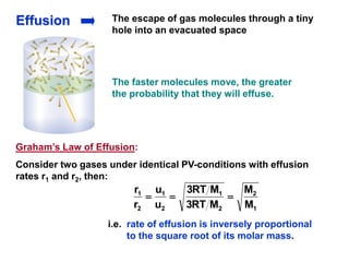 The escape of gas molecules through a tiny
hole into an evacuated space
The faster molecules move, the greater
the probability that they will effuse.
Effusion
Graham’s Law of Effusion:
Consider two gases under identical PV-conditions with effusion
rates r1 and r2, then:
1
2
2
1
2
1
2
1
M
M
M
RT
3
M
RT
3
u
u
r
r



i.e. rate of effusion is inversely proportional
to the square root of its molar mass.
 