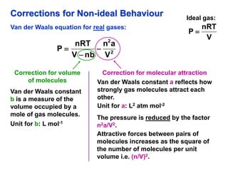 Corrections for Non-ideal Behaviour
Van der Waals equation for real gases:
Ideal gas:
V
nRT
P 
2
2
V
a
n
nb
V
nRT
P 


Correction for volume
of molecules
Van der Waals constant
b is a measure of the
volume occupied by a
mole of gas molecules.
Unit for b: L mol-1
Correction for molecular attraction
The pressure is reduced by the factor
n2a/V2.
Attractive forces between pairs of
molecules increases as the square of
the number of molecules per unit
volume i.e. (n/V)2.
Van der Waals constant a reflects how
strongly gas molecules attract each
other.
Unit for a: L2 atm mol-2
 