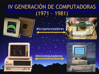 IV GENERACIÓN DE COMPUTADORAS
         (1971 – 1981)

         Microprocesadores




         Minicomputadoras
 