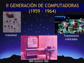 II GENERACIÓN DE COMPUTADORAS
          (1959 – 1964)




transistor                    Transistores
                               colocados




             IBM System 360
 