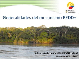 Generalidades del mecanismo REDD+
Subsecretaria de Cambio Climático-MAE
Noviembre 11, 2010
 