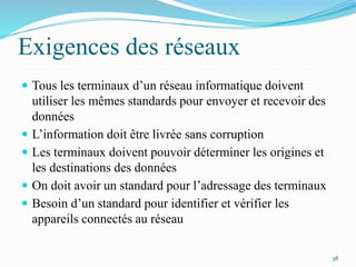 Exigences des réseaux
 Tous les terminaux d’un réseau informatique doivent
utiliser les mêmes standards pour envoyer et recevoir des
données
 L’information doit être livrée sans corruption
 Les terminaux doivent pouvoir déterminer les origines et
les destinations des données
 On doit avoir un standard pour l’adressage des terminaux
 Besoin d’un standard pour identifier et vérifier les
appareils connectés au réseau
38
 