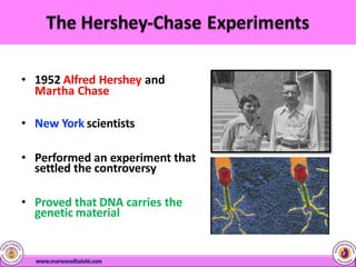• 1952 Alfred Hershey and
Martha Chase
• New York scientists
• Performed an experiment that
settled the controversy
• Proved that DNA carries the
genetic material
 