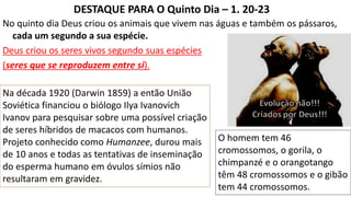 DESTAQUE PARA O Quinto Dia – 1. 20-23
No quinto dia Deus criou os animais que vivem nas águas e também os pássaros,
cada um segundo a sua espécie.
Deus criou os seres vivos segundo suas espécies
(seres que se reproduzem entre si).
Na década 1920 (Darwin 1859) a então União
Soviética financiou o biólogo Ilya Ivanovich
Ivanov para pesquisar sobre uma possível criação
de seres híbridos de macacos com humanos.
Projeto conhecido como Humanzee, durou mais
de 10 anos e todas as tentativas de inseminação
do esperma humano em óvulos símios não
resultaram em gravidez.
O homem tem 46
cromossomos, o gorila, o
chimpanzé e o orangotango
têm 48 cromossomos e o gibão
tem 44 cromossomos.
 