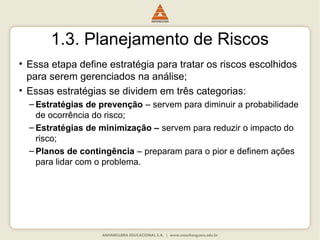 1.3. Planejamento de Riscos
• Essa etapa define estratégia para tratar os riscos escolhidos
para serem gerenciados na análise;
• Essas estratégias se dividem em três categorias:
– Estratégias de prevenção – servem para diminuir a probabilidade
de ocorrência do risco;
– Estratégias de minimização – servem para reduzir o impacto do
risco;
– Planos de contingência – preparam para o pior e definem ações
para lidar com o problema.
 