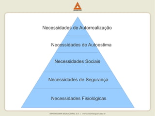 Necessidades Fisiológicas
Necessidades de Segurança
Necessidades Sociais
Necessidades de Autoestima
Necessidades de Autorrealização
 
