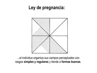 Ley de pregnancia:
…el individuo organiza sus campos perceptuales con
rasgos simples y regulares y tiende a formas buenas.
 