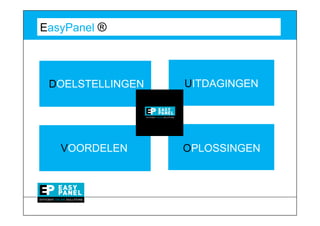 EasyPanel ?



 DOELSTELLINGEN   UITDAGINGEN




   VOORDELEN      OPLOSSINGEN
 