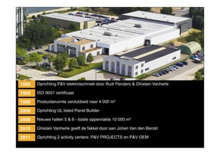 1986   Oprichting P&V elektrotechniek door Rudi Penders & Ghislain Vanherle

1995   ISO 9001 certificaat

1998   Productieruimte verdubbeld naar 4 000 m?

2006   Oprichting UL listed Panel Builder

2008   Nieuwe hallen 5 & 6 - totale oppervlakte 10 000 m?

2010   Ghislain Vanherle geeft de fakkel door aan Johan Van den Berckt

2011   Oprichting 2 activity centers: P&V PROJECTS en P&V OEM
 