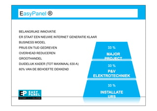 EasyPanel ?


BELANGRIJKE INNOVATIE
ER STAAT EEN NIEUWE INTERNET GENERATIE KLAAR
BUSINESS MODEL
PRIJS EN TIJD GEDREVEN                            33 %
OVERHEAD REDUCEREN                               MAJOR
GROOTHANDEL                                     PROJECT
DUIDELIJK KADER (TOT MAXIMAAL 630 A)
                                                  33 %
60% VAN DE BEHOEFTE DEKKEND
                                               P&V
                                         ELEKTROTECHNIEK

                                                  33 %

                                               INSTALLATE
                                                   URS
 