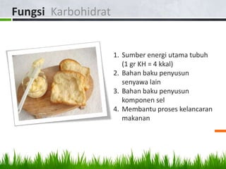 Fungsi Karbohidrat


                     1. Sumber energi utama tubuh
                        (1 gr KH = 4 kkal)
                     2. Bahan baku penyusun
                        senyawa lain
                     3. Bahan baku penyusun
                        komponen sel
                     4. Membantu proses kelancaran
                        makanan
 