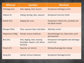Mineral                 Sumber                                Manfaat
Tembaga (Cu)     Hati, daging, telur, buncis         Komponen berbagai enzim

Yodium (I)       Udang, kerang, ikan, sayuran        Komponen hormon tiroid

Kobalt (Co)      Daging dan susu                     Komponen vitamin B12, produksi sel-
                                                     sel darah merah

Mangan (Mn)      Telur, sayuran hijau, biji-bijian   Aktivator enzim

Magnesium (Mg)   Hampir semua makanan                Keseimbangan ion, kerja otot, saraf
                                                     dan koenzim
Besi (Fe)        Hati, daging, telur, kacang-        Komponen hemoglobin dan berbagai
                 kacangan, bayam, roti, beras,       enzim lain
                 kentang
Fluorin (F)      Sayuran, air minum                  Memperkuat gigi dan tulang


Seng (Zn)        Hampir semua makanan                Komponen berbagai enzim
 