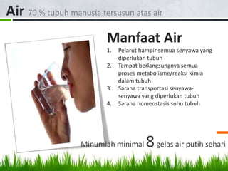 Air 70 % tubuh manusia tersusun atas air
                         Manfaat Air
                         1.   Pelarut hampir semua senyawa yang
                              diperlukan tubuh
                         2.   Tempat berlangsungnya semua
                              proses metabolisme/reaksi kimia
                              dalam tubuh
                         3.   Sarana transportasi senyawa-
                              senyawa yang diperlukan tubuh
                         4.   Sarana homeostasis suhu tubuh




                   Minumlah minimal    8 gelas air putih sehari
 