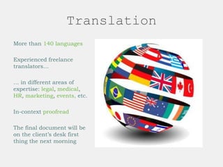 Translation
More than 140 languages
Experienced freelance
translators…
… in different areas of
expertise: legal, medical,
HR, marketing, events, etc.
In-context proofread
The final document will be
on the client’s desk first
thing the next morning
 