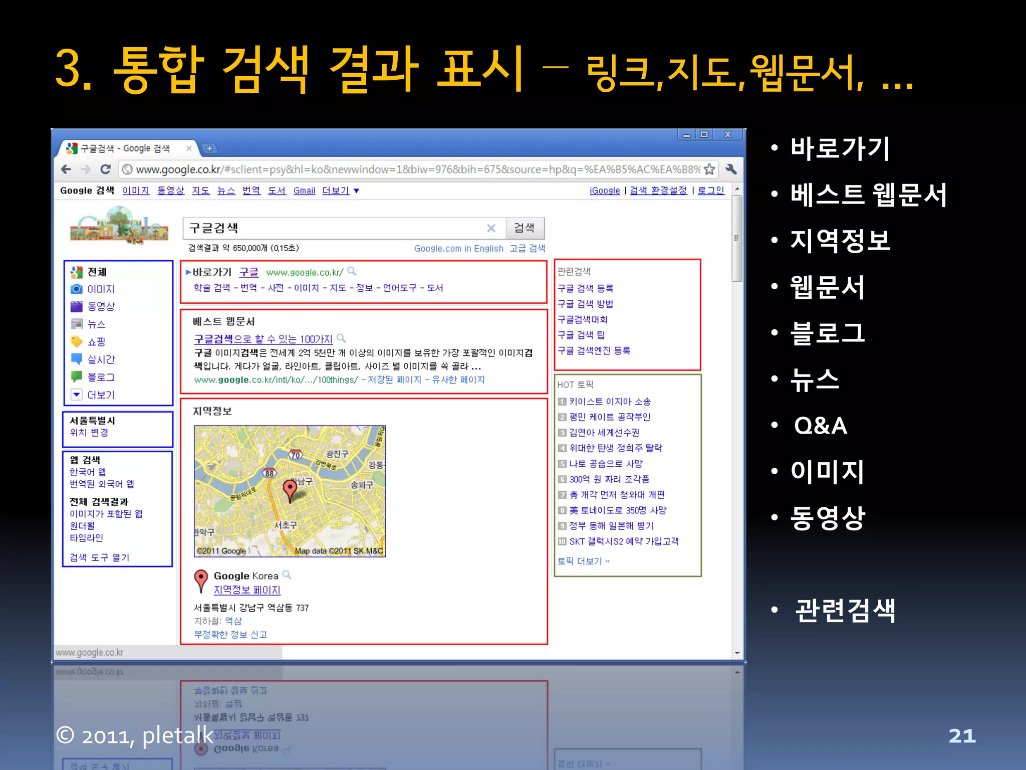3. 통합 검색 결과 표시 –   링크,지도,웹문서, ...
                          • 바로가기
                          • 베스트 웹문서
                          • 지역정보
                          • 웹문서
                          • 블로그
                          • 뉴스
                          • Q&A
                          • 이미지
                          • 동영상


                          • 관련검색



© 2011, pletalk                     21
 