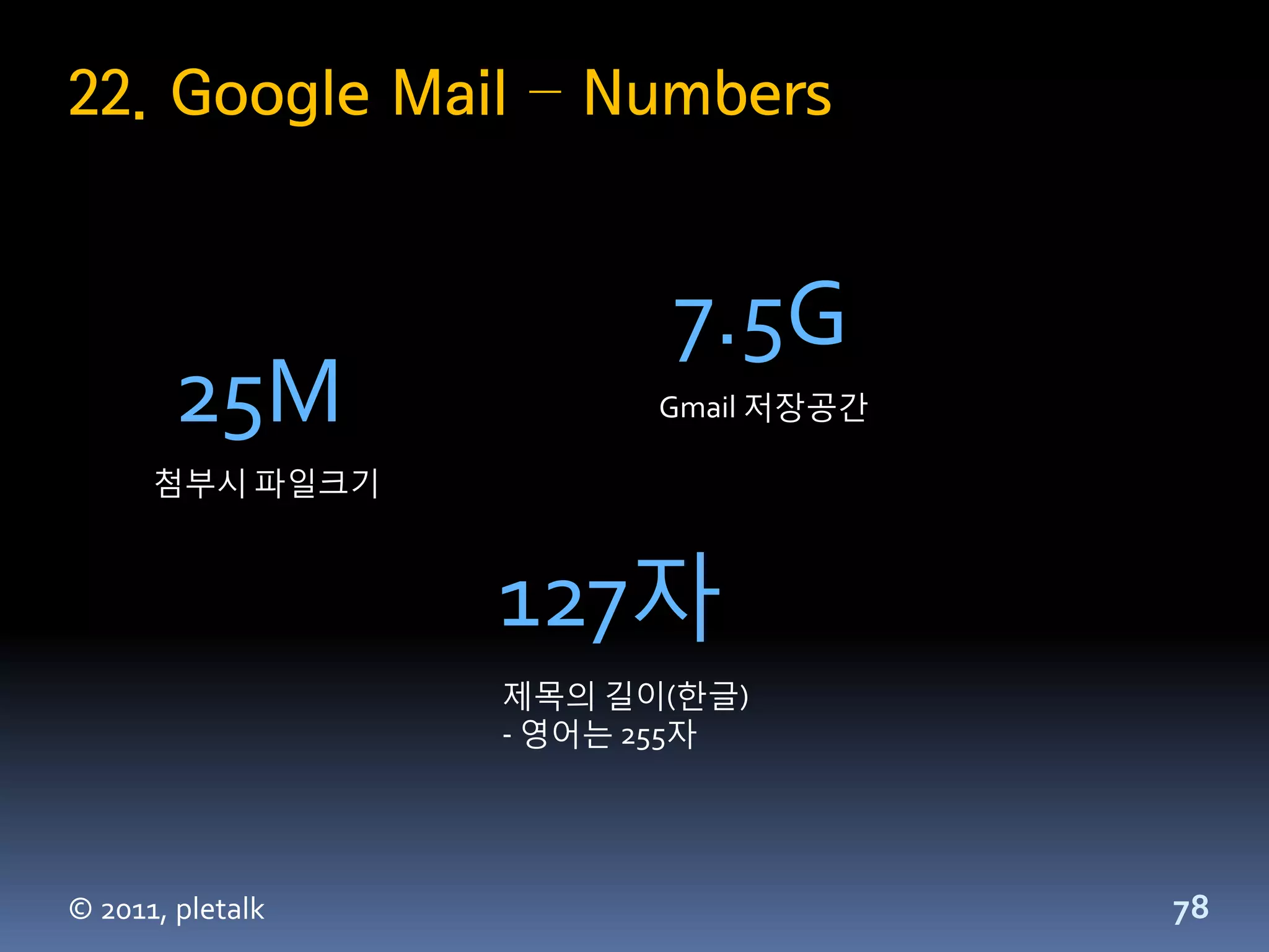22. Google Mail – Numbers


                        7.5G
        25M             Gmail 저장공간

      첨부시 파일크기



                  127자
                  제목의 길이(한글)
                  - 영어는 255자




© 2011, pletalk                      78
 