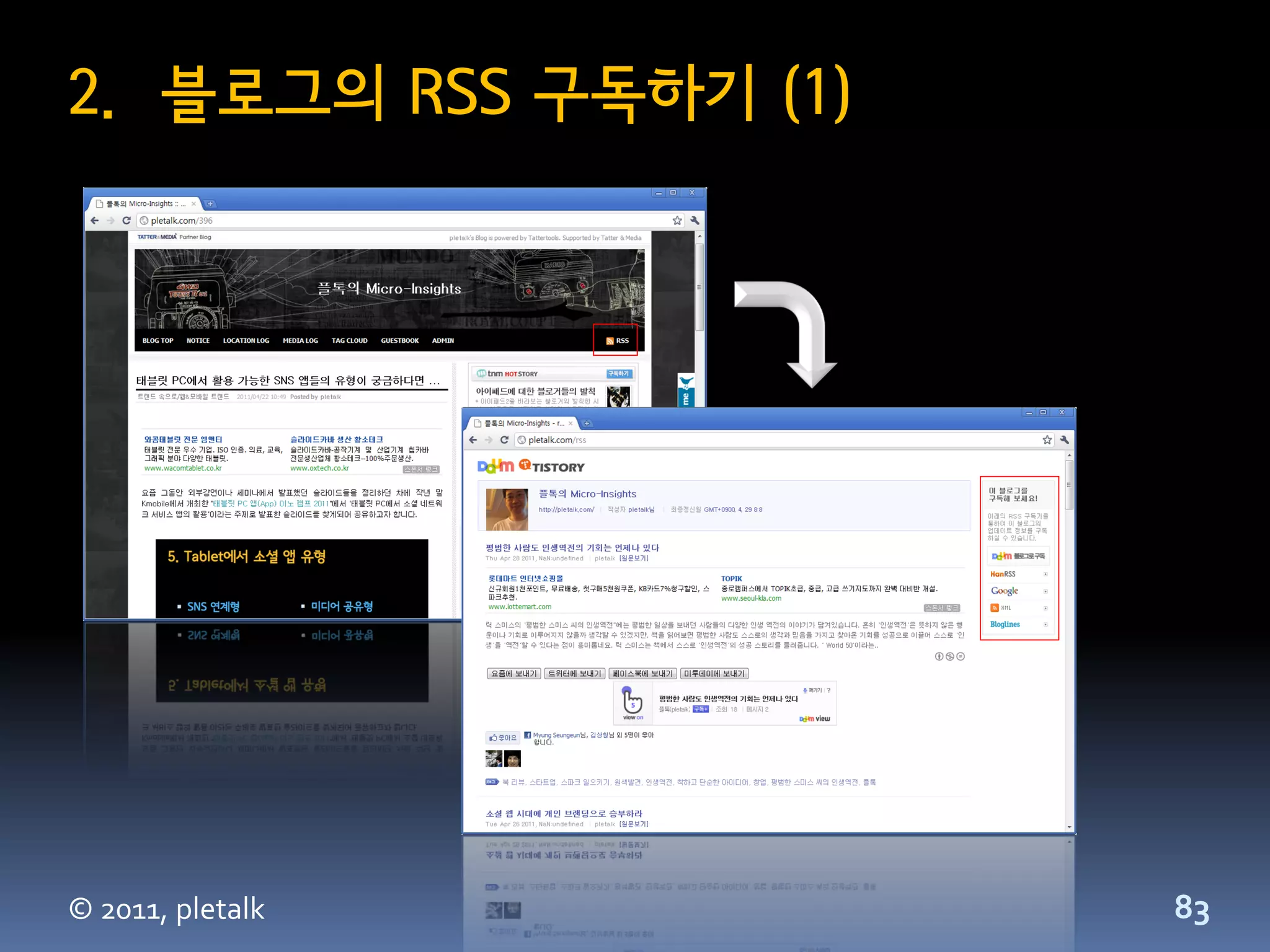 2. 블로그의 RSS 구독하기 (1)




© 2011, pletalk        83
 