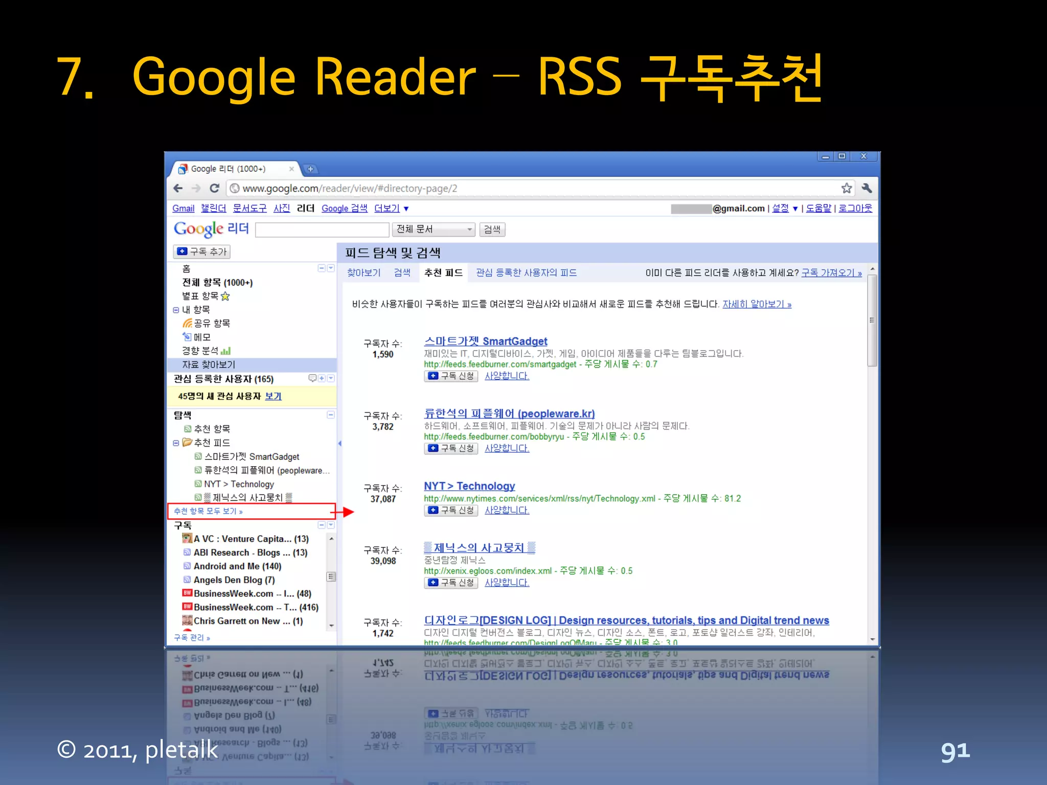 7. Google Reader – RSS 구독추천




© 2011, pletalk               91
 