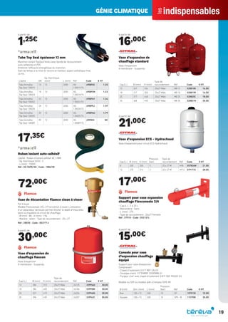 indispensables
les
GÉNIE CLIMATIQUE
19
à partir de
1,25€
Libellé DN
Ep. thermique
(mm) L (mm) Réf Code € HT
Tube Armaﬂex
Top Seal 13X015
15 13 2000 XG-
13X015-TS
490892C 1.25
Tube Armaﬂex
Top Seal 13X018
18 13 2000 XG-
13X018-TS
490893N 1.33
Tube Armaﬂex
Top Seal 13X022
22 13 2000 XG-
13X022-TS
490894Y 1.34
Tube Armaﬂex
Top Seal 13X028
28 13 2000 XG-
13X028-TS
490895J 1.59
Tube Armaﬂex
Top Seal 13X035
35 13 2000 XG-
13X035-TS
490896U 1.79
Tube Armaﬂex
Top Seal 13X089
89 13 2000 XG-
13X089-TS
490902I NC
Tube Top Seal épaisseur 13 mm
Manchon isolant TopSeal fendu avec bande de recouvrement
auto-adhésive en PVC.
Améliore l’efficacité énergétique du manchon.
Gain de temps à la mise en oeuvre et meilleur aspect esthétique ﬁnal.
Le mL
17,35€
Ruban isolant auto-adhésif
Libellé : Ruban d’isolant adhésif AC 3 MM
- Ep. thermique (mm) : 3
- L (mm) : 15000
Réf : XG-TAPE/50 - Code : 188678I
72,00€
Vase de décantation Flamco clean à visser
Pot à boue
Modèle Flamcoclean 20 x 27 horizontal à visser. L’utilisation
d’un séparateur de boues permet d’éviter le dépôt d’impuretés
dans la chaudière et circuit de chauffage
- Ø (mm) : 88 - H (mm) : 196
- Matière : laiton - Type de raccordement : 20 x 27
Réf : 28030 - Code : 052171J
à partir de
30,00€
Cap.(L.) Ø (mm) H (mm)
Type de
raccordement Réf Code € HT
12 286 313 20x27 Mâle 26125 339956O 30.00
18 286 405 20x27 Mâle 26186 339958K 30.00
25 327 419 20x27 Mâle 26256 339960G 35.00
35 396 435 20x27 Mâle 26357 339962C 55.00
Vase d’expansion de
chauffage ﬂexcon
Vase d’expansion
A membrane - Suspendu
à partir de
16,00€
Cap.(L.) Ø (mm) H (mm)
Type de
raccordement Réf Code € HT
12 267 334 20x27 Mâle MB 12 028818G 16.00
18 317 350 20x27 Mâle MB 18 028819R 16.00
25 317 448 20x27 Mâle MB 25 028820C 18.00
35 368 440 20x27 Mâle MB 35 028821N 35.00
Vase d’expansion de
chauffage standard
Vase d’expansion
A membrane - Suspendu
à partir de
21,00€
Cap.(L.) Ø (mm) H (mm)
Pression
(bar)
Type de
raccordement Réf Code € HT
8 200 330 3 20 x 27 M HY8 057826W 21.00
12 270 314 3 20 x 27 M HY12 079177Z 28.00
Vase d’expansion ECS - Hydrochaud
Vase d’expansion pour circuit ECS Hydrochaud
17,00€
Support pour vase expansion
chauffage Flexconsole 3/4
- Cap.(L.) : 2 à 25 L
- Manomètre : Sans
- L (mm) : 275
- Type de raccordement : 20x27 Femelle
Réf : 27910 - Code : 052157L
à partir de
15,00€
Ø (mm) Dim. (mm) L (mm)
Pression
(bar) Réf Code € HT
Nue 100 x 72 300 10 SP 1075155 15.00
Equipée 100 x 72 300 10 SPE - M 1157980 35.00
Console pour vase
d’expansion chauffage
équipé
Support pour vase d’expansion
Comprenant :
- Clapet d’isolement 3/4"F REF CAI 03
- Soupape mano 1/2"FMREF SSGOMM-01
- Purgeur d’air avec clapet d’isolement 3/8"F REF PGOVC-02
Modèle nu (SP) ou modèle prêt à l’emploi (SPE-M)
Tereva_Indispensables_AUT-HIVER2017.indd 19 03/08/2017 14:31
 