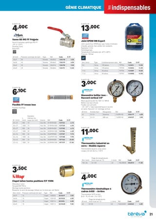 indispensables
les
GÉNIE CLIMATIQUE
21
à partir de
4,00€
Ø (mm) Pression nominale (en bar) Type Réf Code € HT
20x27 50 Femelle 8540542 1204748 4.00
26x34 40 Femelle 8540642 1204749 6.00
33x42 30 Femelle 8540742 1204750 9.00
40x49 25 Femelle 8540842 1204751 13.00
Vanne BS IRO FF Poignée
Vanne à boisseau sphérique IRO FF
-20° à +120°C.
Garantie 5 ans.
Sous ACS
à partir de
6,10€
Ø 1 (mm)
L
(mm)
Diamètre
intérieur du
tuyau (en mm) Coloris Réf Code € HT
20 x 27 500 15 Inox 304 EI15P4P4500 1237322 6.10
20 x 27 1000 15 Inox 304 EI15P4P41000 1237320 6.30
20 x 27 500 20 Inox 304 EI20P4P4500 1237305 6.10
20 x 27 1000 20 Inox 304 EI20P4P41000 1237306 6.30
26 x 34 500 26 Inox 304 EI26P5P5500 1237307 9.70
26 x 34 1000 26 Inox 304 EI26P5P51000 1237308 9.90
33 x 42 500 33 Inox 304 EI33P6P6500 187736U 25.00
33 x 42 1000 33 Inox 304 EI33P6P61000 187737F 27.00
Flexible FF tresse inox
Flexible chauffage
à partir de
3,50€
Dim. (mm) Pression nominale (en bar) Type Réf Code € HT
20x27 16 Clapet 1030034 067651P 3.50
26x34 16 Clapet 1030100 067652A 4.00
33x42 10 Clapet 1030114 067653L 6.00
40x49 10 Clapet 1030112 067654W 9.00
Clapet laiton toutes positions F/F YORK
Obturateur nylon.
Taraudé BSP. PN16.
Montage toutes positions
Respecter le sens de passage indiqué sur le corps par une ﬂèche
à partir de
13,00€
Dim. (mm) Type Conditionnement libre Réf Code € HT
3/4’ Sirius 100 pièces 757934 143483J 13.00
1’ Sirius 100 pièces 757935 143484U 14.00
1’1/4 Sirius 50 pièces 757936 143485F 15.00
1’1/2 Sirius 50 pièces 757937 143486Q 16.00
Joint EPDM MB Expert
Joint caoutchouc EPDM pour gaz, huiles minérales
chaudes, graisse, fuel, acides non-oxydants.
Épaisseur 2 mm
Homologué gaz
Température d’utilisation de -40°C à 80°C.
Pression: 100 bar
à partir de
3,00€
Ø (mm) Echelle (bar) Désignation Réf Code € HT
63 0/+10 Glycérine 2163RV14D 353617F 6.00
63 0/+10 ABS sec 1163RV14D 434032Y 3.00
Manomètre boîtier Inox -
Raccord vertical 1/4"
Mano glycérine D63 0a 10B 1/4” MR/B
Boîtier inox bain d’huile.
Fluides non corrosifs
- 20 + 60° C. Tube manométrique et raccord
en laiton. Raccord 1/4” montage vertical.
à partir de
11,00€
Dim. (mm)
Plage de températures
(mini-maxi en °C) L (mm) Réf Code € HT
150 x 36 0/+120 63 74ELIM03D 354201H 11.00
Thermomètre industriel en
verre - Modèle équerre
Thermomètre équerre corps laiton
Largeur 63 mm de 0 à +120°C
à partir de
4,00€
Ø (mm)
Plage de températures
(mini-maxi en °C) L (mm) Réf Code € HT
63 0/120 45 74A45302D 434024O 4.00
Thermomètre bimétallique à
cadran A45D - Arrière
Thermomètre Z670 arrière
Ø 63 - PL 45 mm - 0 à 120°C
Tereva_Indispensables_AUT-HIVER2017.indd 21 03/08/2017 14:31
 