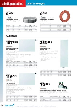 indispensablesles GÉNIE CLIMATIQUE
26 PRIX NETS PRO H.T hors Éco-participation. Le montant de l’Éco-participation en sus du prix de vente H.T. Offre réservée aux professionnels.
à partir de
107,00€
Modèle H (mm) l (mm) P à Delta T 50°C (W) Réf Code € HT
T22 700 500 924 0243072205 1451288 107.00
T22 700 600 1109 0243072206 1160826 122.00
T22 700 700 1294 0243072207 1451289 138.00
T22 700 900 1663 0243072209 1451290 171.00
Radiateur acier Everest
Plan hauteur 700
Radiateur décoratif intégré à façade
plane habillé de joues latérales
et grille
- Raccordement par 6 connexions 1/2" femelle dont 2 latérales à droite
- Insert intégré à droite, compatible avec les têtes thermostatiques M30 x 1.5
- Consoles de ﬁxation VDI incluses dans l’emballage
- Livré avec bouchon plein et bouchon purgeur
– Modèle non réversible
- Couleur : blanc RAL9016
- Garantie 10 ans
à partir de
119,00€
Modèle H (mm) l (mm) P à Delta T 50°C (W) Réf Code € HT
T22 900 500 1126 0243092205 1451309 119.00
T22 900 600 1351 0243092206 1451310 138.00
T22 900 700 1576 0243092207 1451311 157.00
T22 900 900 2026 0243092209 1451312 194.00
Radiateur acier Everest
Plan hauteur 900
Radiateur décoratif intégré à façade
plane habillé de joues latérales
et grille
- Raccordement par 6 connexions 1/2" femelle dont 2 latérales à droite
- Insert intégré à droite, compatible avec les têtes thermostatiques M30 x 1.5
- Consoles de ﬁxation VDI incluses dans l’emballage
- Livré avec bouchon plein et bouchon purgeur
- Modèle non réversible
- Couleur : blanc RAL9016
- Garantie 10 ans
à partir de
353,00€
Modèle H (mm) l (mm) P à Delta T 50°C (W) Réf Code € HT
T22 2000 400 1584 0275202204 1449632 353.00
T22 2000 500 1980 0275202205 1449633 398.00
T22 2000 600 2376 0275202206 1449634 421.00
T22 2000 700 2772 0275202207 1449635 486.00
Radiateur Alto Plan -
hauteur 2000
Radiateur vertical décoratif à façade plane habillé
de joues latérales
- Raccordement par 4 connexions 1/2" femelle
dont 2 centrales
- Consoles de ﬁxation en J incluses dans
l’emballage
- Livré avec bouchon plein et bouchon purgeur
- Modèle non réversible
- Couleur : blanc RAL9016
- Garantie 10 ans.
à partir de
70,00€
Libellé Type de raccordement Réf Code € HT
Vanne à droite Coudé T2126 1774797 70.00
Vanne à gauche Coudé T2124 1774795 70.00
Réversible gauche/droite Droit T2122 1774793 70.00
Kit raccord Design chromé pour radiateur vertical
Raccord coudé ou droit - Vanne gauche, droite ou réversible - Coloris chromé
Composition : vanne thermostatique Design, 2 x réductions ¾’’- ½’’, 2 x adaptateurs
coniques, vanne à Kv réglable.
à partir de
0,49€
Ø tube PER L (m) Coloris Réf Code € HT
13 x 16 120 Gris 9871612 1241291 0.50
13 x 16 240 Gris 9871602 1241292 0.50
13 x 16 802 Gris 9871632 1241294 0.49
16 x 20 240 Gris 9872002 1241296 0.75
Tube PER BAO nu - Gris
Tube PER BAO nu. Tube de couleur gris
Sous avis technique du CSTB .
Prix au m linéaire
à partir de
0,70€
Ø tube PER L (m) Réf Code € HT
12 240 11380911243 1239445 0.70
16 240 11364301243 1239451 0.99
16 500 11364301505 1239452 0.99
20 100 11364501103 1239453 1.25
20 200 11364501203 1239455 1.25
Tube PER BAO nu - ROUGE
Tube PER BAO nu
Tube de couleur rouge
RADIATEUR
Tereva_Indispensables_AUT-HIVER2017.indd 26 03/08/2017 14:31
 