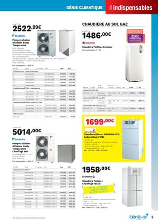 indispensables
les
GÉNIE CLIMATIQUE
9
à partir de
2522,99€
P (kW) Alim. Cl. énerg. Réf Code € HT
Unité extérieure - Basse température
4 Monophasée ERLQ004CV3 1175239 980.00
8 Monophasée ERLQ008CV3 1175241 1613.00
11 Monophasée ERLQ011CV3 1204490 2286.00
14 Monophasée ERLQ014CV3 1204492 2519.00
16 Monophasée ERLQ016CV3 1204494 2916.00
Unité intérieure BT EBH : chauffage seul
4 Monophasée A++ EHBH04CB3V 1263570 1443.00
8 Monophasée A++ EHBH08CB3V 1263571 1529.00
11 Monophasée A++ EHBH11CB3V 1270657 1926.00
16 Monophasée A++ EHBH16CB3V 1263572 1926.00
Unité intérieure BT EHVH : ballon ECS 180L
4 Monophasée A++ / A EHVH04S18CB3V 1263573 2264.00
8 Monophasée A++ / A EHVH08S18CB3V 1263574 2348.00
11 Monophasée A+ / A EHVH11S18CB3V 1270665 2649.00
Télécommande
Série CB EKRUCBL1 1265214 99.99
Pompe à chaleur
Altherma Basse
Température
Unité Extérieure :
Pompe à chaleur bi-bloc
basse température Altherma
Disponible en version chauffage
seul ou chauffage+ECS
avec ballon de 180 L intégré. La télécommande est une option obligatoire.
Eco-Participation 7.50 € H.T (unité intérieure)
Unité extérieure :
Éco-participation : 6,67 € HT
à partir de
5014,00€
P (kW) Alim. Cl. énerg. Réf Code € HT
Unité extérieure ERSQ HT
11 Monophasée ERSQ011AV1 1101200 2024.00
14 Monophasée ERSQ014AV1 1101208 2229.00
16 Monophasée ERSQ016AV1 1101209 2583.00
11 Triphasée ERSQ011AY1 1101213 2376.00
14 Triphasée ERSQ014AY1 1101214 2613.00
16 Triphasée ERSQ016AY1 1101215 3015.00
Unité intérieure HT EKHBRD
11 Monophasée A+ EKHBRD011ADV17 1892915 2990.00
14 Monophasée A+ EKHBRD014ADV17 1270754 3043.00
16 Monophasée A+ EKHBRD016ADV17 1894723 3130.00
11 Triphasée A+ EKHBRD011ADY17 1894721 3258.00
14 Triphasée A+ EKHBRD014ADY17 1894722 3306.00
16 Triphasée A+ EKHBRD016ADY17 1894724 3388.00
Pompe à chaleur
Altherma Haute
Température -
Chauffage seul
Eco-Participation : 7,5 € H.T
(unité intérieure)
Unité extérieure :
Éco-participation : 6,67 € HT
CHAUDIÈRE AU SOL GAZ
à partir de
1486,00€
Modèle P (kW)
Type
Branch.
Dim. (H x l
x P mm)
Cl.
énerg. Réf Code € HT
Condens Duo 5024 VIR
5024 VIR 24 Cheminée
ou ventouse
1522 x 598
x 662
A / B 021786 1217541 1789.00
Condens Duo 5028 VIR avec ECS
5028 VIR 28 Ventouse ou
cheminée
1500 x 598
x 662
A/B 021787 1217542 2009.34
Condens 5024 VIR chauffage seul
5024 VIR 24 Ventouse ou
cheminée
864 x 448
x 618
A 021789 1217543 1486.00
Chaudière Perﬁnox Condens
Éco-participation : 5 € HT
1699,00€
Chaudière Klista + GBI/GBVI HTE :
ballon intégré 100L
- P (kW) : 24
- Type de branchement : Ventouse horizontale
- Ø (mm) : 60/100
- Dim. (H x l x P mm) : 1408 x 600 x 720
- Classe énergétique : A / A
Réf : 7631996 - Code : 1272856
1958,00€
Chaudière Twineo :
Chauffage et ECS
- P (kW) : 24,1
- Type de branchement : Ventouse horizontale
- Cap.(L.) : 100
- Dim. (H x l x P mm) : 1482 x 600 x 720
- Classe énergétique : A / A
Réf : 100018139 - Code : 1154234
*Voir conditions sur document promotionnel du fabricant
OFFRE CLIENTS VIP :
300€ HT OFFERTS
DU 01/10 AU 30/11*
Tereva_Indispensables_AUT-HIVER2017.indd 9 03/08/2017 14:31
 