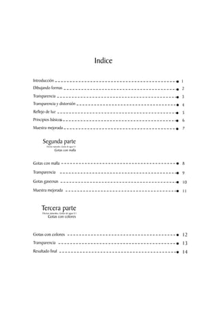 Indice

Introducción
Dibujando formas
Transparencia
Transparencia y distorsión
Reflejo de luz                                           5
Principios básicos                                       6
Muestra mejorada                                         7


      Segunda parte
         Efectos naturales, Gotas de agua V.1
                  Gotas con malla


Gotas con malla                                          8

Transparencia                                            9
Gotas gaseosas                                           10
Muestra mejorada                                         11



     Tercera parte
     Efectos naturales, Gotas de agua V.1
          Gotas con colores



Gotas con colores                                        12
Transparencia                                            13
Resultado final                                          14
 