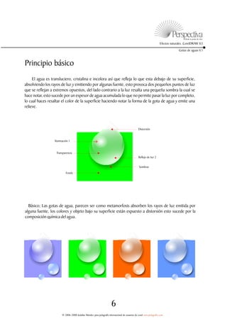 Efectos naturales. CorelDRAW X3

                                                                                                                                   Gotas de aguas V.1



Principio básico
     El agua es transluciero, cristalina e incolora así que refleja lo que esta debajo de su superficie,
absolviendo los rayos de luz y emitiendo por algunas fuente, esto provoca dos pequeños puntos de luz
que se reflejan a extremos opuestos, del lado contrario a la luz resalta una pequeña sombra la cual se
hace notar, esto sucede por un espesor de agua acumulada lo que no permite pasar la luz por completo,
lo cual haces resaltar el color de la superficie haciendo notar la forma de la gota de agua y emite una
relieve.



                                                                                                 Distorsión


                  Iluminación 1


                   Transparencia
                                                                                                 Reflejo de luz 2


                                                                                                  Sombras
                           Fondo




  Básico; Las gotas de agua, parecen ser como metamorfosis absorben los rayos de luz emitida por
alguna fuente, los colores y objeto bajo su superficie están expuesto a distorsión esto sucede por la
composición química del agua.




                                                                       6
                        © 2006-2008 Jedalías Méndez para jedagrafix internacional de usuarios de corel www.jedagrafix.com
 