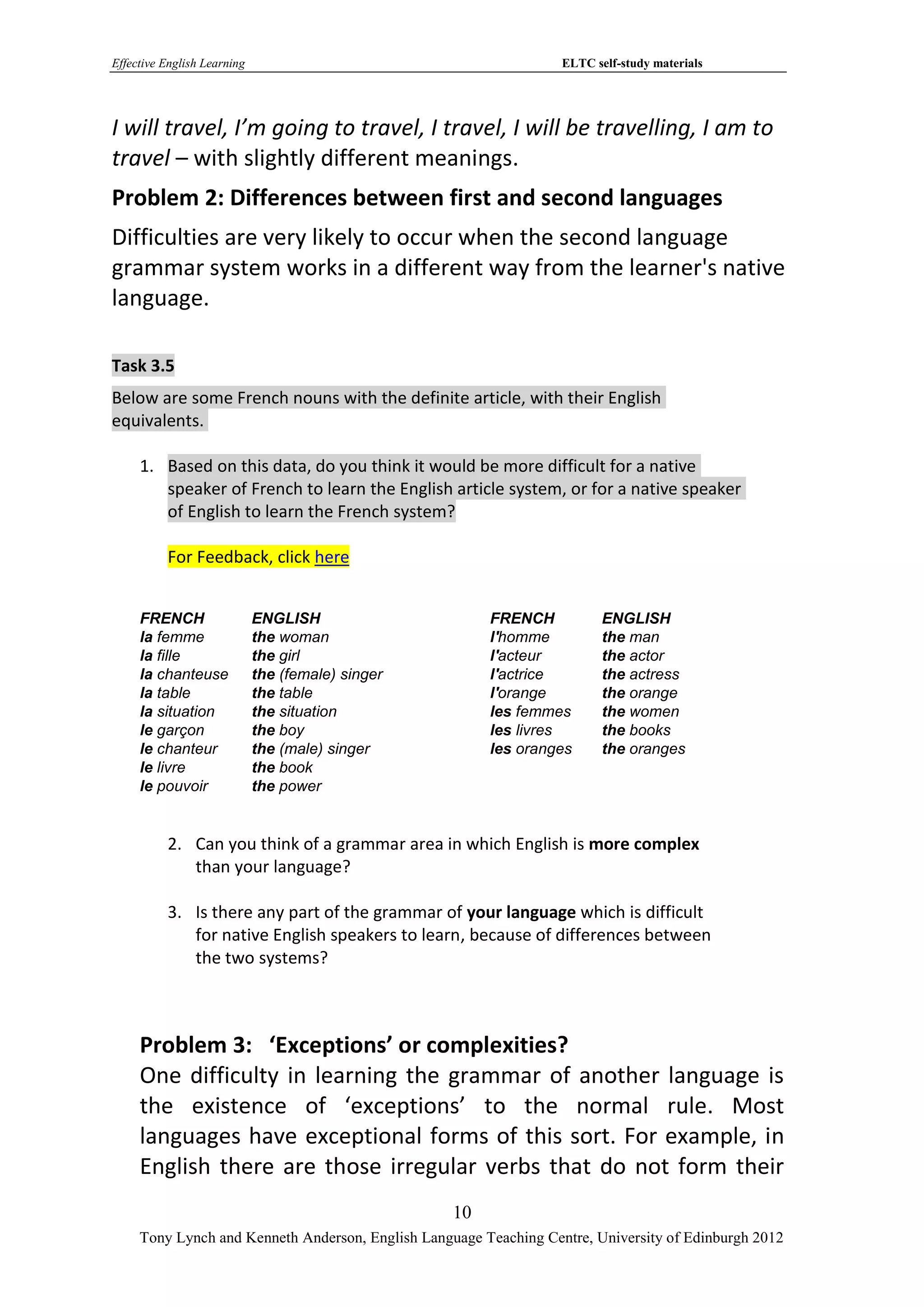 Effective English Learning                                         ELTC self-study materials




I will travel, I’m going to travel, I travel, I will be travelling, I am to
travel – with slightly different meanings.
Problem 2: Differences between first and second languages
Difficulties are very likely to occur when the second language
grammar system works in a different way from the learner's native
language.

Task 3.5
Below are some French nouns with the definite article, with their English
equivalents.

     1. Based on this data, do you think it would be more difficult for a native
        speaker of French to learn the English article system, or for a native speaker
        of English to learn the French system?

          For Feedback, click here


     FRENCH                  ENGLISH                    FRENCH            ENGLISH
     la femme                the woman                  l'homme           the man
     la fille                the girl                   l'acteur          the actor
     la chanteuse            the (female) singer        l'actrice         the actress
     la table                the table                  l'orange          the orange
     la situation            the situation              les femmes        the women
     le garçon               the boy                    les livres        the books
     le chanteur             the (male) singer          les oranges       the oranges
     le livre                the book
     le pouvoir              the power


          2. Can you think of a grammar area in which English is more complex
             than your language?

          3. Is there any part of the grammar of your language which is difficult
             for native English speakers to learn, because of differences between
             the two systems?



     Problem 3: ‘Exceptions’ or complexities?
     One difficulty in learning the grammar of another language is
     the existence of ‘exceptions’ to the normal rule. Most
     languages have exceptional forms of this sort. For example, in
     English there are those irregular verbs that do not form their
                                                   10
     Tony Lynch and Kenneth Anderson, English Language Teaching Centre, University of Edinburgh 2012
 